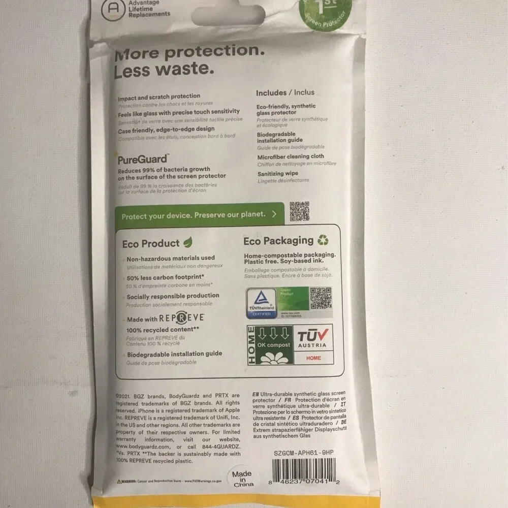 BodyGuardz Eco PRTX iPhone 13 / 13 PRO Shatterproof Glass Screen Protector Clear
